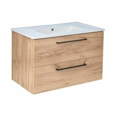 Ceramic Washbasin Furniture with Vanity Unit, Oak Drawers, 80 Cm