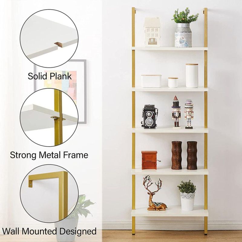 Modern Ladder Shelf 5 Tier Bookshelf Bookcase with Stable Metal Frame for Home Office