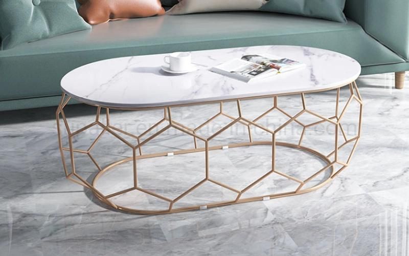 Fashionable Gold Geometric Steel Wire Coffee Table Marble