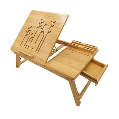 Bamboo Laptop Desk Adjustable Portable Breakfast Serving Bed Tray with Tilting Top Drawer
