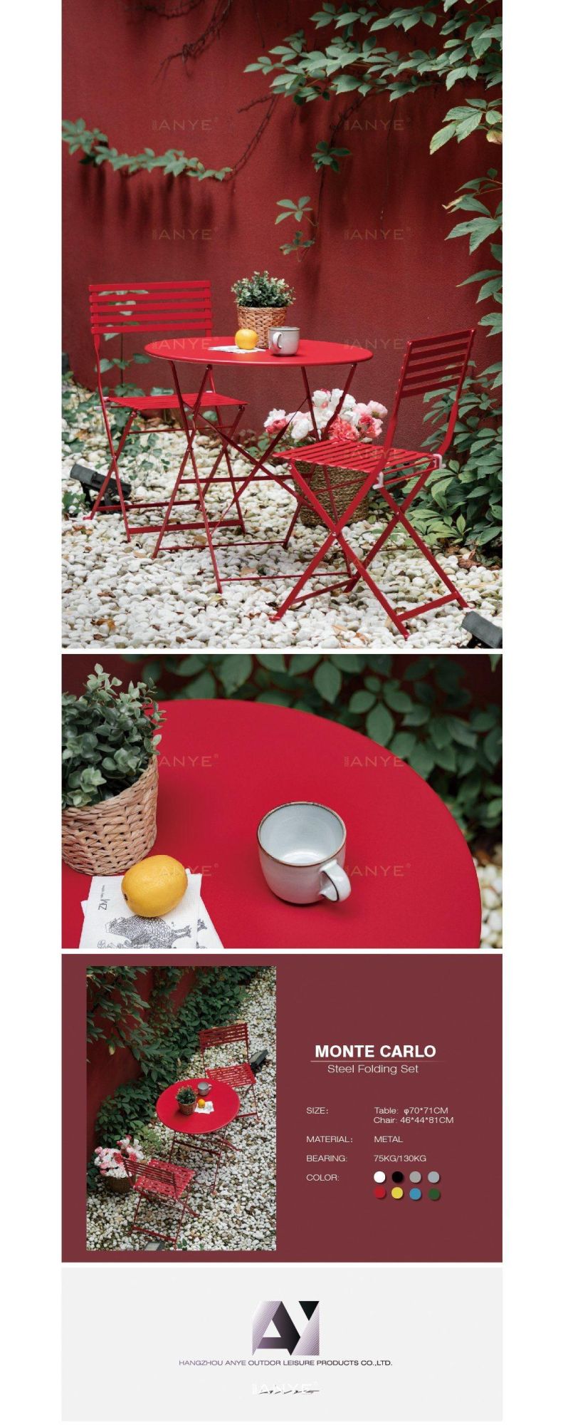 Red Metal Outdoor Furniture Portable Round Dining Table and Folding Chair with Modern Design