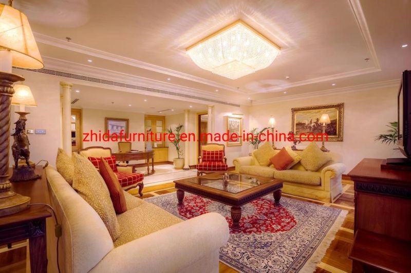 Luxury High Grade Custom Made Wooden Commercial Hotel Apartment Furniture Living Room Master Bedroom Fabric King Size Bed with European Style Sofa