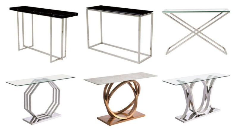 Stainless Steel Rose Gold Laminated Ring Base Post Console Table with Marble Top