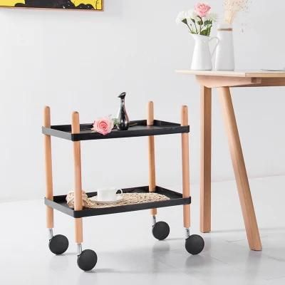 Hot Sale Home Furniture Black Wood Frame Plastic 2 Tier Kitchen Trolley with Wheels