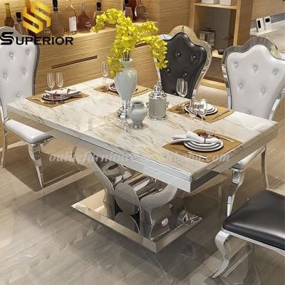 Home Furniture Cream Marble Top Dining Table with Chairs Sets