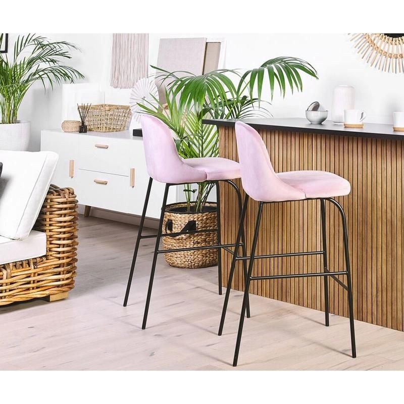 New Design Home Furniture Kitchen Coffee Office Pub Cozy Fancy Modern Pink Velvet Standing Tall Bar Chair with Black Legs