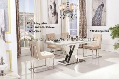 Dopro Modern Design Classic LV Shape Stainless Steel Polished Shiny Dining Table D21, with Art Marble Table Top