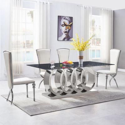 Modern Style Designs Glass Table Luxury Dining Room Furniture Marble Top Stainless Steel Legs Table and Chair Sets