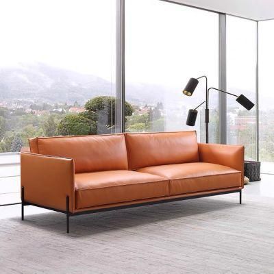 American Style Living Room Furniture High Quality 2 Seaters Orange Leather Sofa Couch with Black Powder Coating Legs