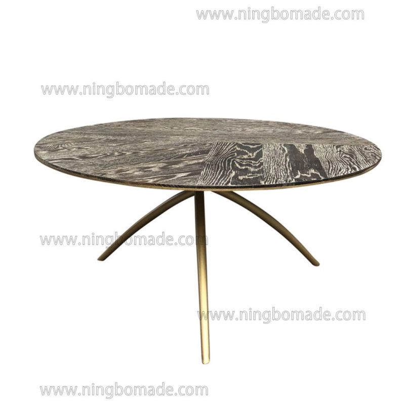 Nordic Retro Vintage Antique Furniture Weather Brown Oak and Shinning Brass Metal Coffee Table Tripod