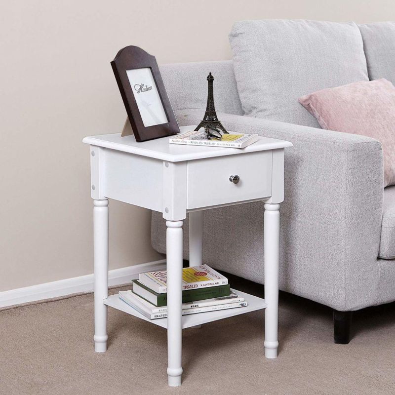 White Bedside Nightstand Furniture with Solid Pine Wood Legs