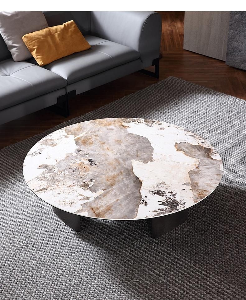 Home Furniture Titanium Round Black Marble Rock Plate Coffee Table