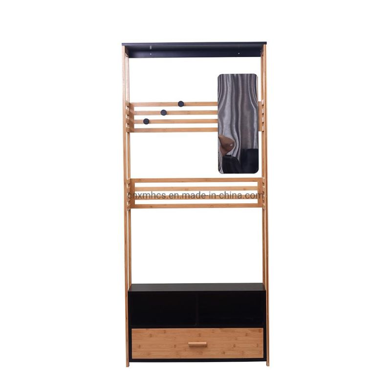 Mobile Bamboo Clothes Coat Garment Hanging Rail Rack Storage Stand Wheels with Shoe Shelf Rack