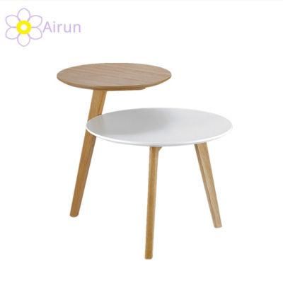 Scandinavian Round Solid Beech Wood Coffee Table Small White End Table with White MDF Top