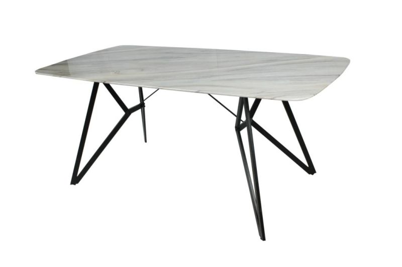 Home Restaurant Furniture Tempered Glass Faux Marble Table Top Coated Steel Tube Leg Dining Table