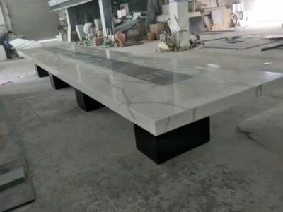 White and Black Glossy Finish Marble Conference Furniture Table