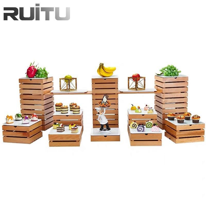 Modern Skyline Buffet Serving Set Luxury Decoration Party Catering Rustic Wooden Cake Rack Shelf Wood Wedding Buffet Riser Cupcake Dessert Food Display Stand