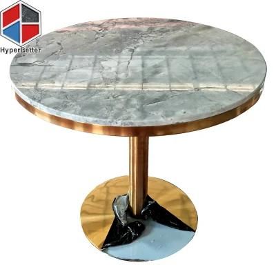 Wholesale Grey Marble Round Restaurant Tables with Golden Stainless Steel Edge