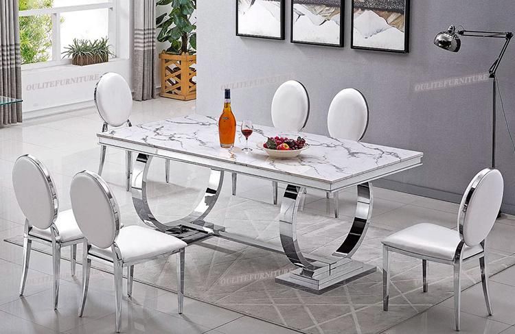 Cream Marble Top Dining Table 6 Seater with Steel Base