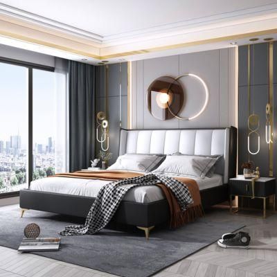 Modern Luxury Home Bedroom Furniture Leather Grey King Bed with Metal Leg