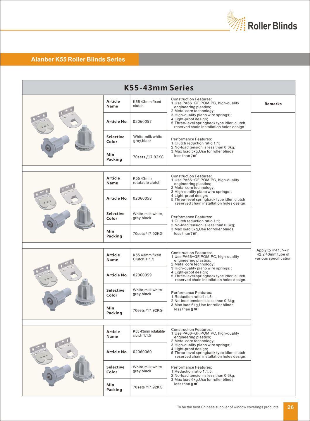 K55-43mm Rotatable Without Deceleration Clutch Roller Blinds Components, for Window Blinds