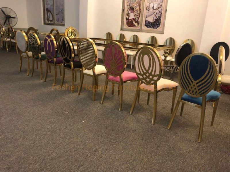 20 Year New Stainless Steel Pattern Flower Back Banquet Chameleon Wedding Dining Chairs  Hardware Table Chairs Sofa Chair Luxury China Banquet Accent Chairs