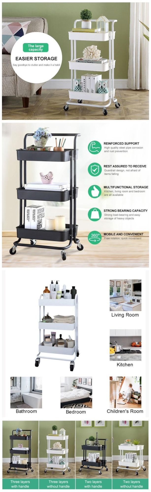 3 Tier Metal Rolling Utility Storage Cart for Kitchen Bedroom Office Organizer