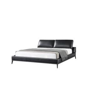 Tufted Leather Cushion Headboard Modern Black Leather Bed with Wooden Frame