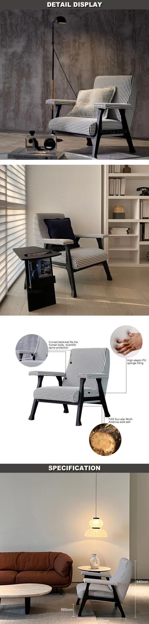 Modern Black Ash Wood Fabric Minimalist Lounge Leisure Chair