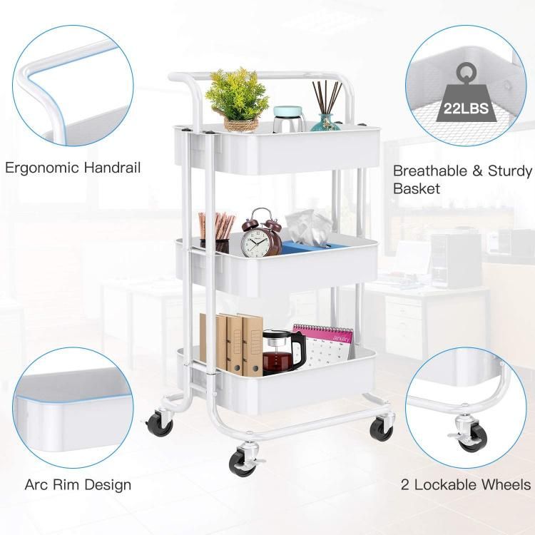 Movable Storage Rolling Cart Organizer Shelf 3 Tier Home Adjustable Kitchen Rack Trolley