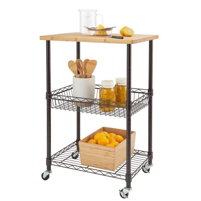 Home Basic 3-Tier Kitchen Bamboo Wood Top Rolling Microwave Cart on Wheels Kitchen Trolley