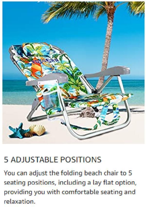 Folding Backpack Beach Chair, 5 Positions Beach Chair with Large Cool Bag and Cup Holder, Support up to 300 Lbs (2 PCS, Cyan)