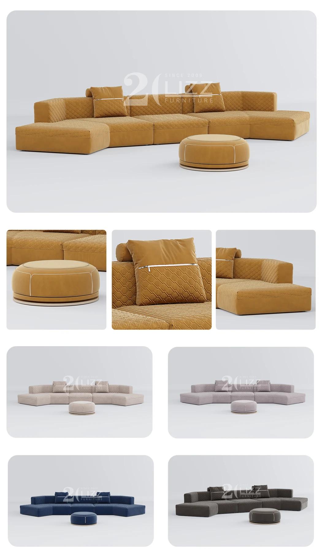 Exclusive Modern Style Luxury Hotel Home Couch European Living Room Deep Coffee Fabric Sofa with Round Stool