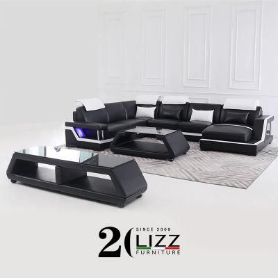 Hot Sale Modern Living Room Genuine Leather LED Sectional Sofa with Chaise