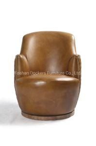 Handcrafted Top Grain Leather Round Seating Hotel Living Room Furniture Leisure Swivel Chair