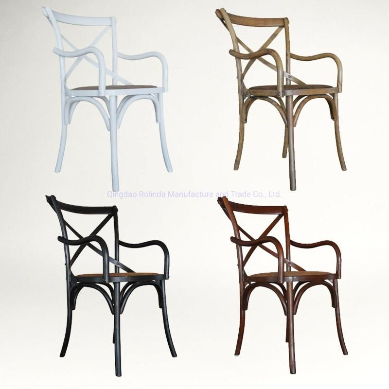 Wholesale Good Quality Peacan Parisian Design Modern Cafe Color Event Wedding Rental Stackable Bistro Wood Cross Back Chair