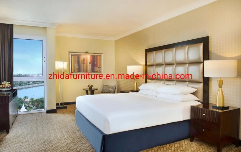 Standard Hotel Apartment 3 Star Wooden Master Bedroom Furniture Set King Queen Size Wood Bed with Leather Headboard