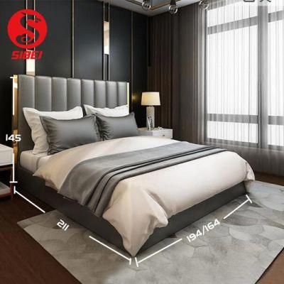 Italy Modern Style Solid Wood Bedroom Furniture Fabric Luxury Hotel Bed Design with High Soft Headboard