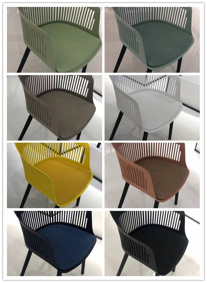 Wholesale Cheap Price Home Furniture Armrest Multiple Colors Customized Plastic Dining Chairs with Upholstered Cushion