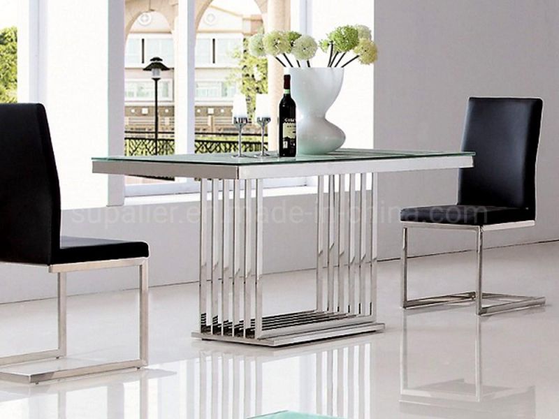 2020 New Product Silver Metal Tempered Glass Top Dining Table