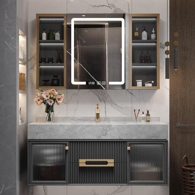 European Style Bathroom Furniture Metal Handle LED Mirror Bathroom Cabinet with Rock Plate Basin