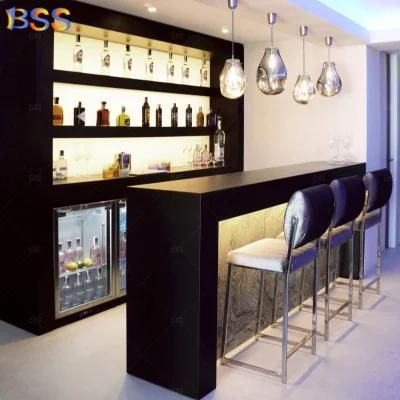 Black Home Bar Counter with Display Stone Veneer Bar Counter