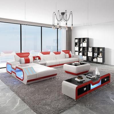 Sectional European Style L Shape Functional LED Italian Geniue Leather Living Room Sofa with High Quality