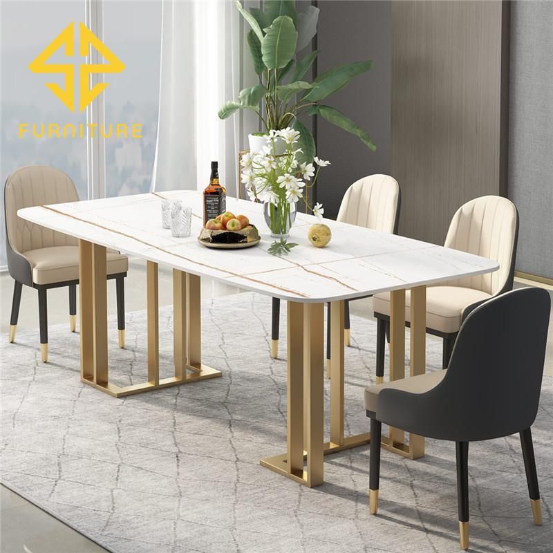 Sawa New Modern Luxury Slate White Stainless Steel Marble Dining Table