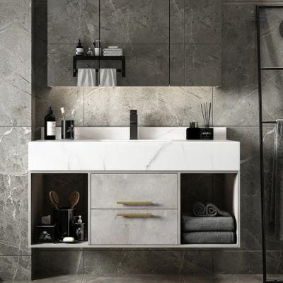 40&quot; Gray Floating Bathroom Vanity with Stone Top Wall Mounted Cabinet