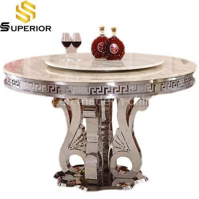 Wholesale Round Rotating Marble Dining Table with Silver Frame