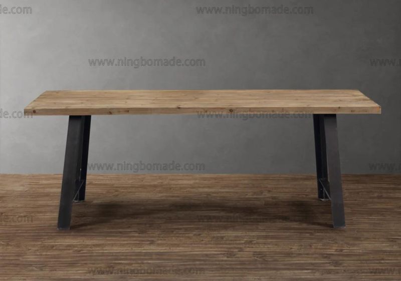 Modern Nordic Country Style Storage Pine Natural Reclaimed Fir Wood with Black Iron Metal Thick Legs Dining Table