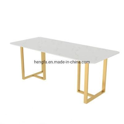 Factory Manufacture Canteen Restaurant Golden/Black Metal Frame Marble Dining Table