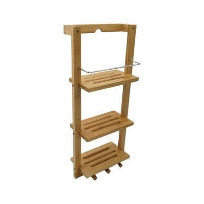 Eco-Friendly Waterproof Wall-Mounted Natural 3 Shelves Bamboo Bathroom Rack with Rail