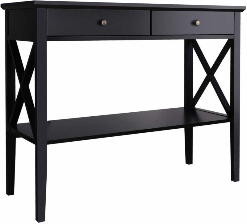 Classic X Design Console Sofa Table Desk with 2 Drawer Black